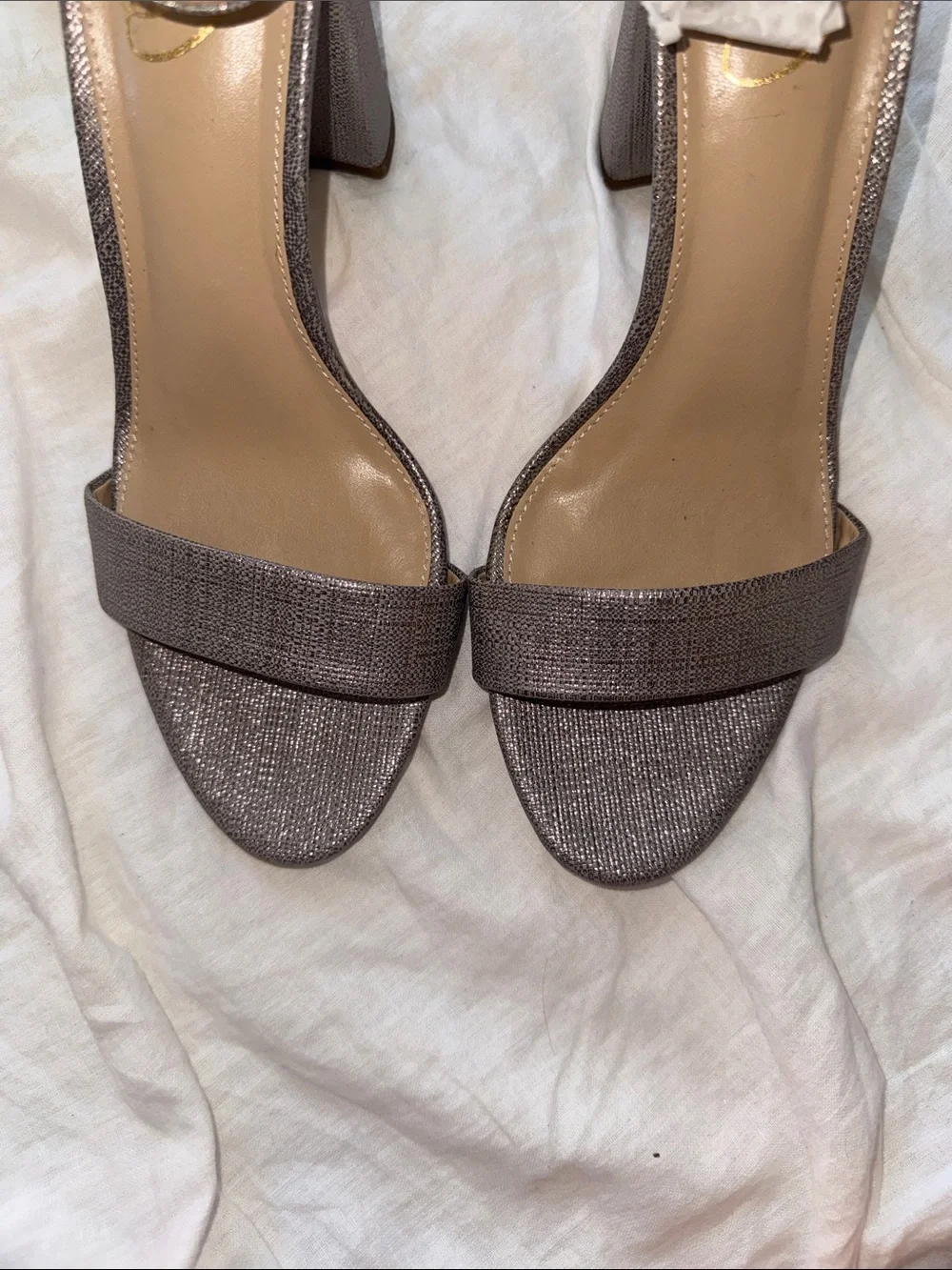 NWOT Sam Edelman Open Toe Block Heel Strappy Heels Size 9.5 Silver Graphite